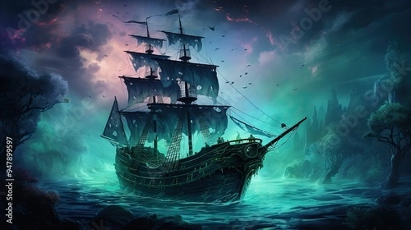 Fototapeta A majestic pirate ship sails through mysterious waters under a dramatic sky, evoking adventure and intrigue in a fantasy setting.