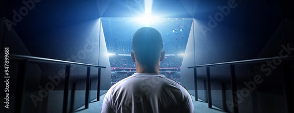 Obraz Soccer player entering stadium tunnel before match. Background is an imaginary stadium that is modelled and rendered.