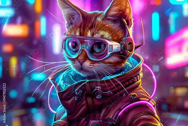 Fototapeta A cat wearing a space suit and goggles is standing in front of a neon sign. The image has a futuristic and playful vibe, with the cat's outfit and the neon sign creating a sense of adventure