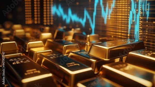 Obraz Gold bars arranged in a display case with a financial graph showing a rising trend, emphasizing the correlation between gold investment and market performance.