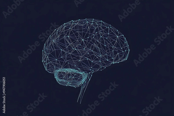 Fototapeta A glowing brain composed of interconnected nodes on a blue background, representing artificial intelligence, neural networks, and big data technology