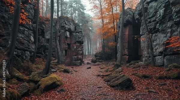 Fototapeta The Devil's Wall in Saxony-Anhalt, Germany, a dramatic natural rock formation characterized by its towering, jagged structures and scenic beauty, offering stunning views of the surrounding landscape.