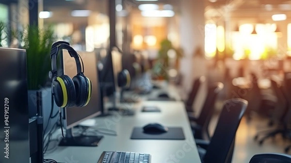 Fototapeta Headset and customer support equipment neatly arranged at a call center, ready for active service.