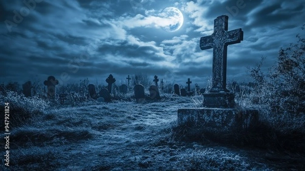 Obraz Creepy graveyard under moonlit sky