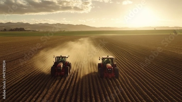 Fototapeta Wide shot of automated tractors working in a field, with GPS technology guiding them for precise planting.