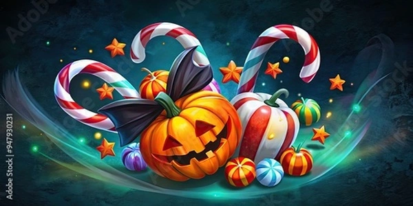 Obraz Festive Halloween scene with pumpkins and candy.