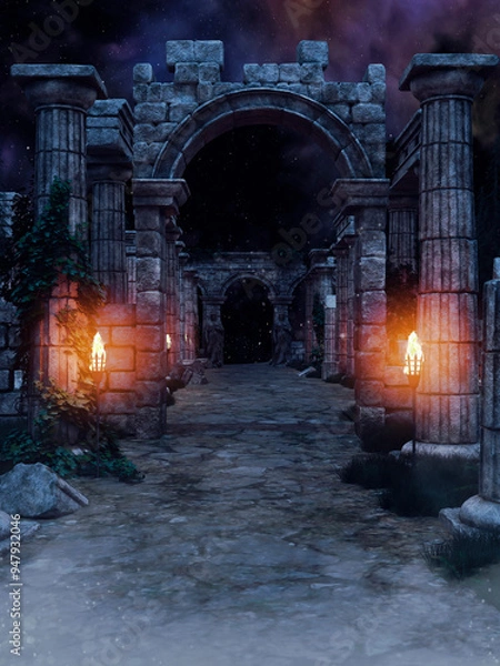 Obraz Ancient ruins at night, with arches and columns, with burning torches. 3D render. Made with 3d resources and painted elements. No AI used. 