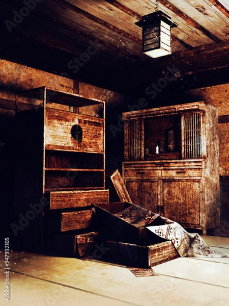 Fototapeta Wooden shelves and crates in an old attic in an abandoned house at night. 3D render. Made with 3d resources and painted elements. No AI used. 