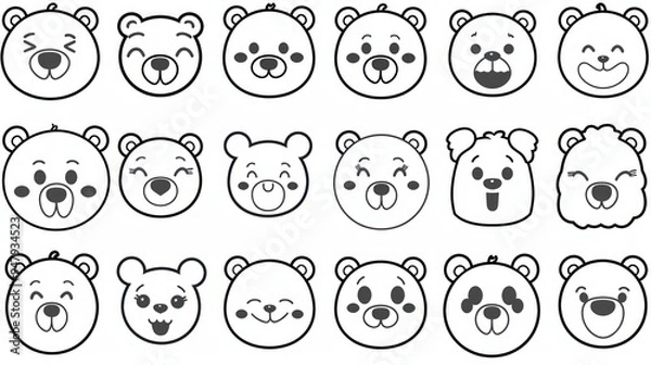 Fototapeta 18 Black and White Bear Faces with Various Expressions.