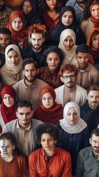 Fototapeta a diverse group of people with various ethnic backgrounds standing together, symbolizing unity and multiculturalism.