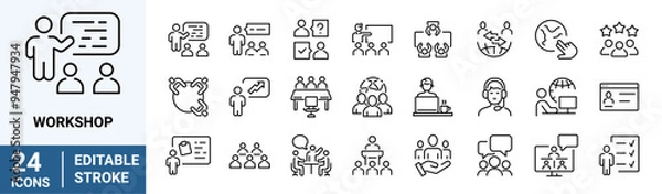 Fototapeta Workshop web icons in line style. Business. Containing team building, teamwork, coaching, meeting, managing, coaching.