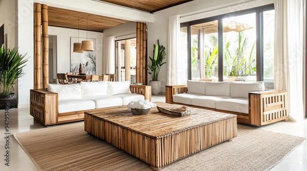 Fototapeta A modern living room with sustainable materials, featuring a bamboo coffee table, recycled wood furniture, and energy-efficient lighting