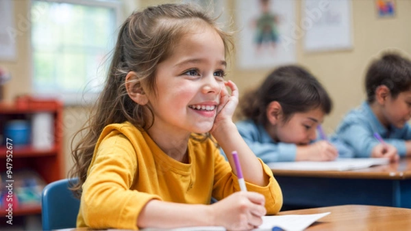 Fototapeta A cheerful young girl sits at her desk in a brightly lit classroom, confidently writing with a pencil. Other children are focused on their own tasks, creating an engaging learning environment.