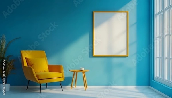 Fototapeta Yellow Armchair and Side Table in a Blue Room with Sunlight Streaming in Through a Window