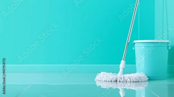 Obraz Clean and minimalist scene with a mop and bucket placed on a shiny, reflective floor