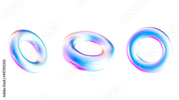 Fototapeta Set of Holographic geometric shapes object. Realistic torus for design. Geometric shape icon.