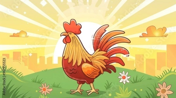 Obraz Cartoon rooster standing in a green field at sunrise.