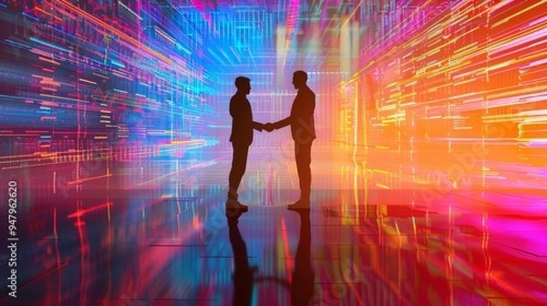 Obraz Data Analytics Partnership Silhouetted Figures Shake Hands Against Vibrant Data Visualization Background