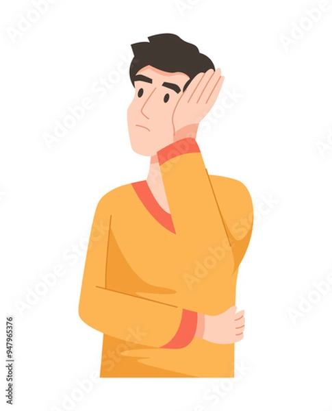 Fototapeta Person wondering and thinking, character discussing and gesturing, emphasizing teamwork and collaboration