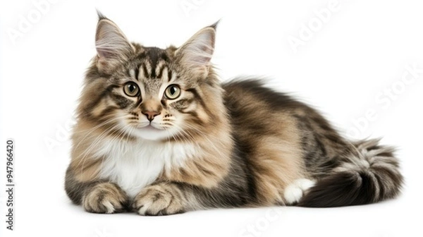 Fototapeta A  Close-Up of a  Brown Tabby Cat Laying Down with White Background