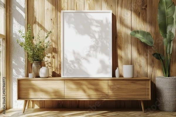 Obraz Poster Frame Mockup on Wooden Interior Background created with Generative AI