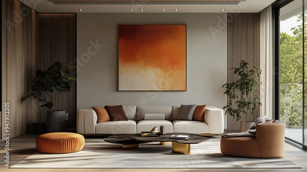 Fototapeta Modern luxury minimal interior of open space with design modular beige sofa, furniture, brass glass coffee tables, pillows, plant, wooden detailed walls and abstract orange painting. Ai generated.