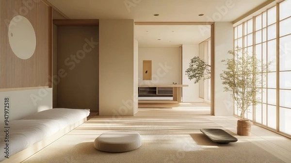 Fototapeta Tokyo apartment with a minimalist approach to interior design, featuring neutral tones and a clutter-free environment.