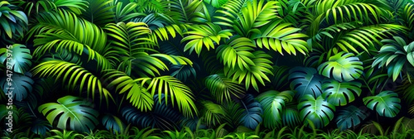 Obraz A lush green jungle with a variety of plants and trees. Concept of tranquility and natural beauty