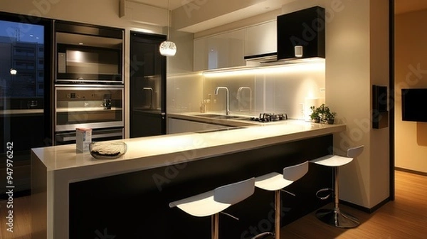 Fototapeta Compact yet stylish Tokyo apartment kitchen, featuring sleek countertops, built-in appliances, and a small breakfast bar.