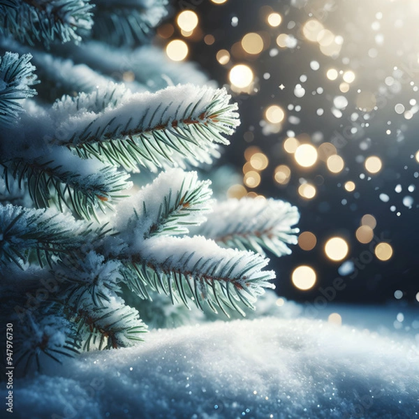 Fototapeta Winter Background Image of Frosted Spruce Branches with Bokeh