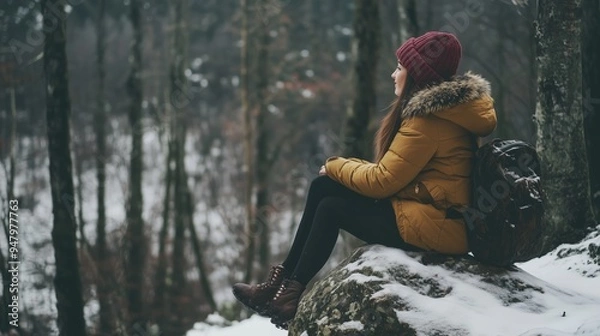 Obraz A woman in a yellow jacket enjoys a quiet moment on a snowy rock in the forest during winter