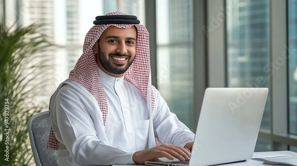 Obraz Arab businessman using a laptop
