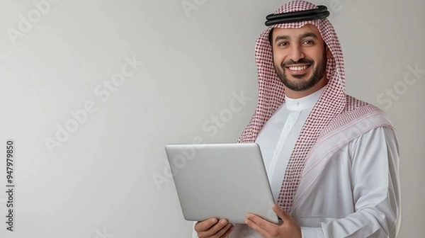 Obraz Arab businessman using a tablet isolated background