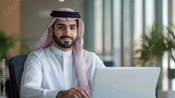 Obraz Arab businessman using a laptop