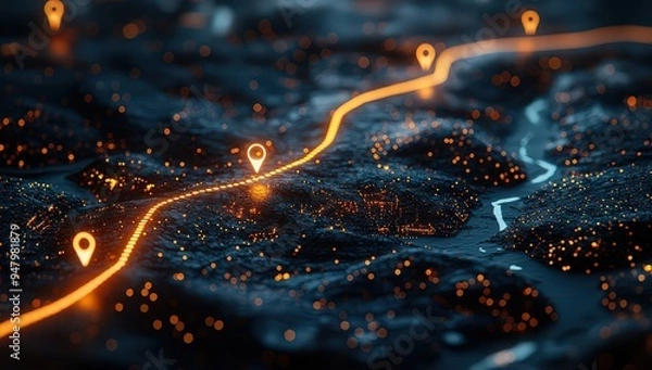 Fototapeta Map with glowing location pins and an orange path line on it. 