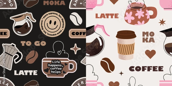 Fototapeta Seamless coffee backgrounds with cappuccino, cups, arabica seeds, mugs, kettles, espresso. Vector patterns in a flat retro style