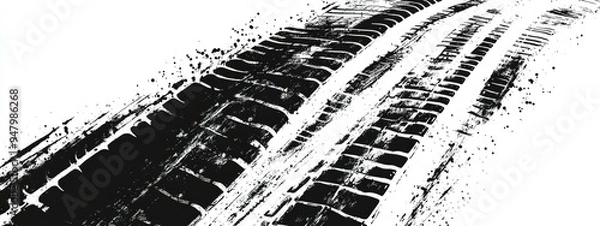 Fototapeta Grunge tire track  wheel braking marks. Truck  car or motorcycle tread pattern silhouette. Auto race  motorsport  speed racing design element. Vector illustration