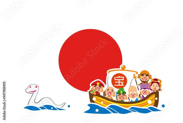 Obraz 巳年　日の丸　七福神の宝船