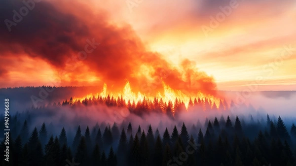 Fototapeta A conceptual image capturing the intensity of a forest fire, with thick smoke billowing into the sky, illuminated by the fiery glow of the flames as the sun sets.