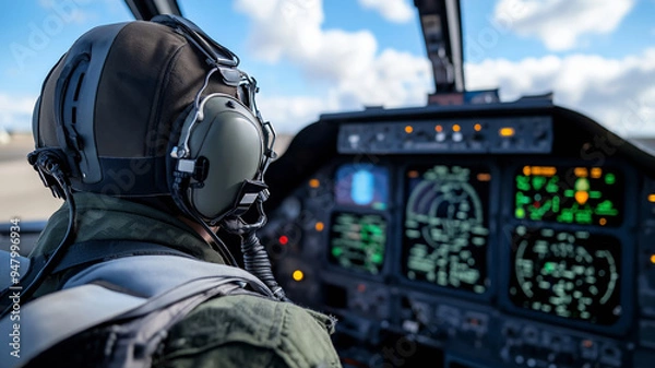 Fototapeta A close-up image of a pilot inside a fighter jet's cockpit, showcasing the intense focus and advanced avionics systems that guide modern aerial missions.