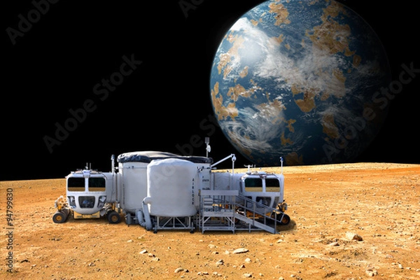 Fototapeta An outpost on the barren moon of an alien world - Elements of this image furnished by NASA.