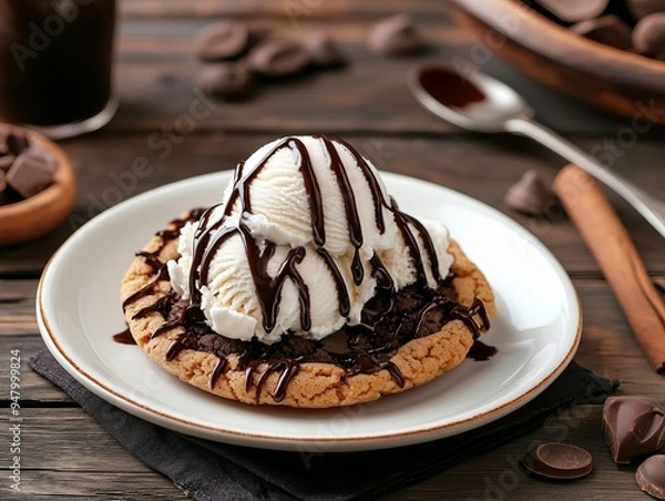Obraz a big Hot cookie with ice cream scoop on it in a white plate with chocolate syrup on it. 