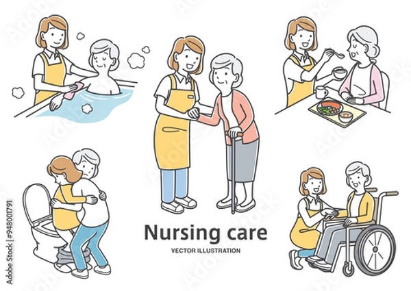 Obraz 高齢女性の介助する介護士の女性の仕事イラストセット