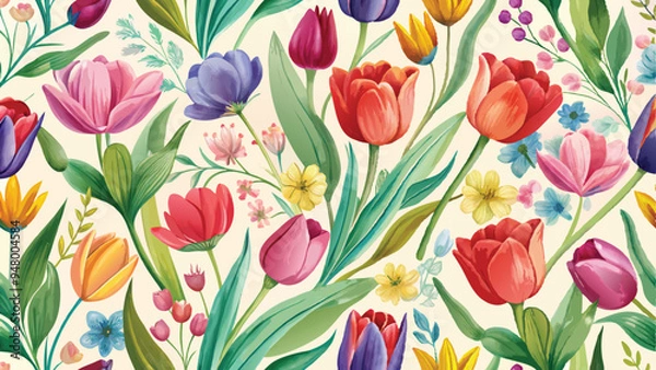 Fototapeta Tulips Spring flowers. Watercolor elegant bright illustration of floral seamless pattern, frame, border, leaves, logo for abstract greeting card, wedding invitation or background