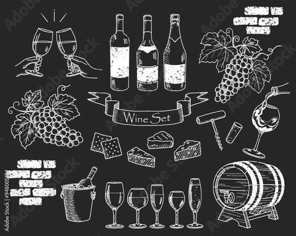 Obraz ワインイラストセット　チョークアート風