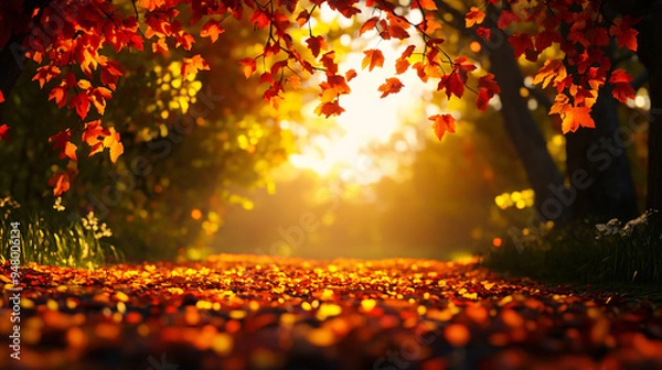 Fototapeta A beautiful autumn scene with a tree in the foreground and a path in the background. The leaves on the ground are orange and the sun is shining through the trees
