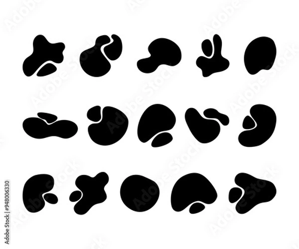 Obraz Abstrakcyjne kształty. Organiczne plamy, figury, płynne elementy. Zestaw czarnych graficznych elementów do projektów. Ilustracja wektorowa.