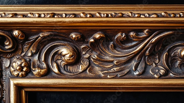 Fototapeta Intricate golden frame detail showcasing elegant floral and swirl patterns, perfect for enhancing art pieces or decor