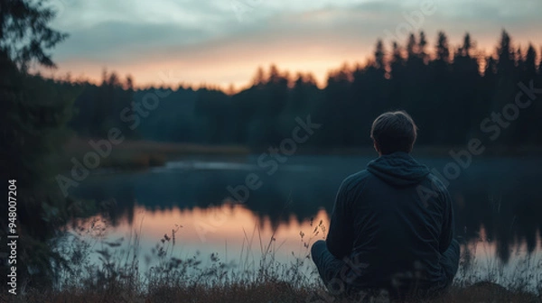 Fototapeta A serene landscape at dusk with person sitting by tranquil lake, reflecting on natures beauty. calm water mirrors colorful sky, creating peaceful atmosphere.