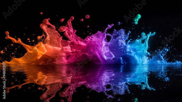 Fototapeta Vibrant splashes of colored water create a stunning visual display against a black background reflecting vivid hues and dynamic motion